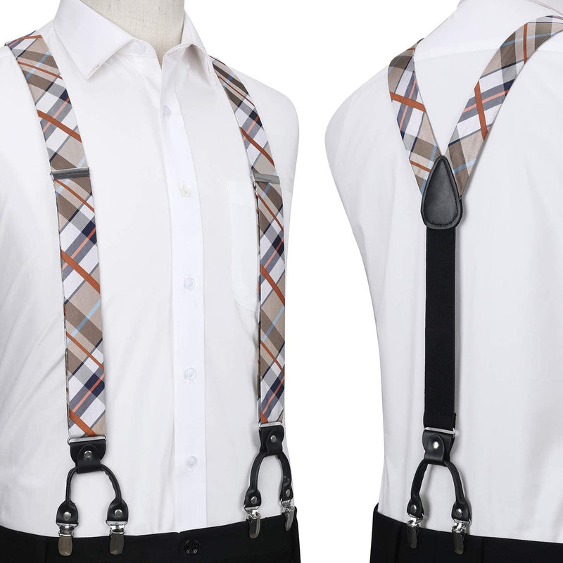 Plaid Suspender Bow Tie Handkerchief Khaki White