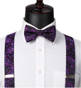Floral Paisley Suspender Pre Tied Bow Tie Handkerchief B9 Purple Black
