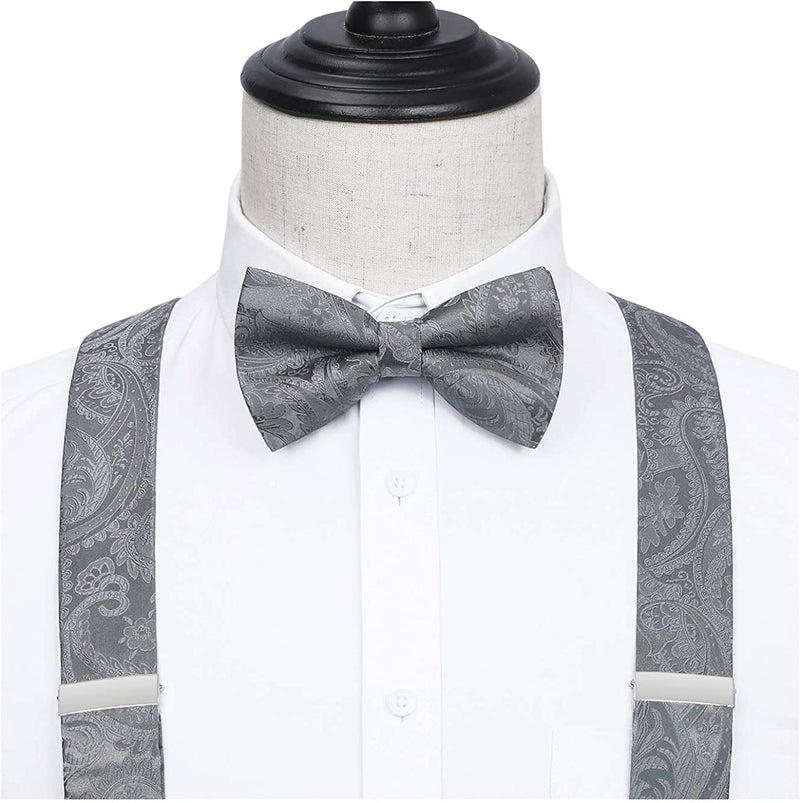 Floral Paisley Suspender Pre Tied Bow Tie Handkerchief C16 Gray