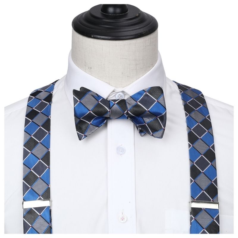 Plaid Suspender Bow Tie Handkerchief Blue Black Silver