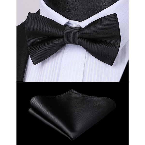 Solid Pre-Tied Bow Tie & Pocket Square - 03-BLACK