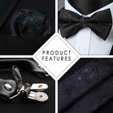Paisley Floral Suspender Pre Tied Bow Tie Handkerchief A2 Black