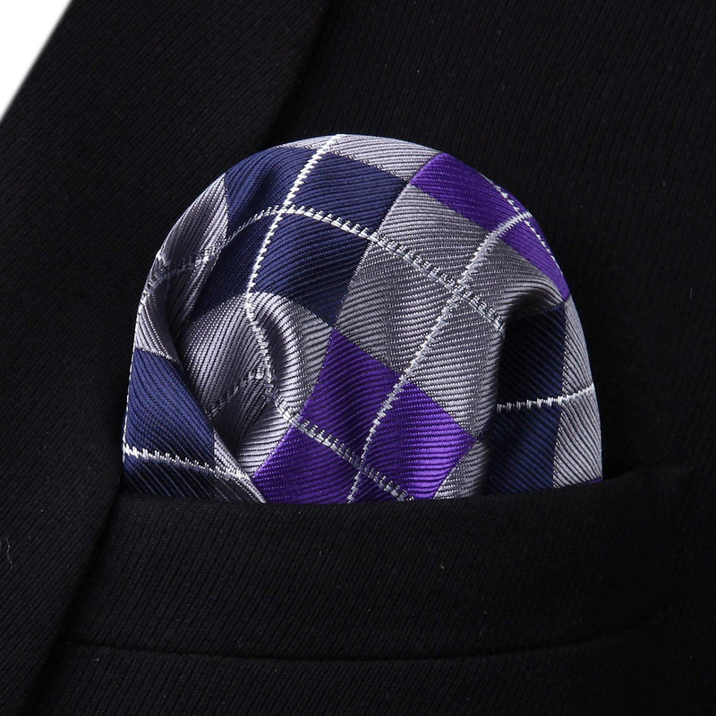Plaid Suspender Pre Tied Bow Tie Handkerchief Purple Gray