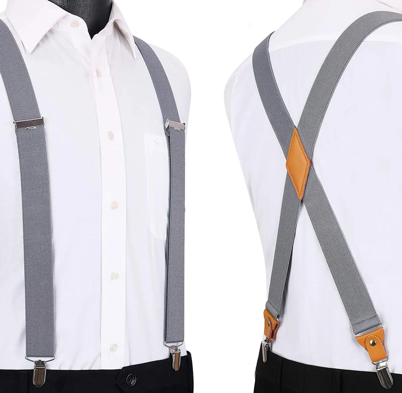 X Shaped Adjustable Suspender With 4 Clips Gray 1