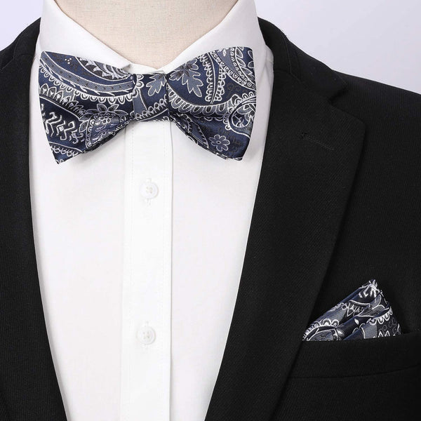 Floral Paisley Bow Tie & Pocket Square Sets - B-NAVY BLUE
