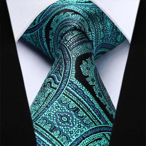 Paisley Floral Tie Handkerchief Set - AQUA/GREEN