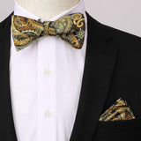Floral Paisley Suspender Pre Tied Bow Tie Handkerchief B5 Brown Gold