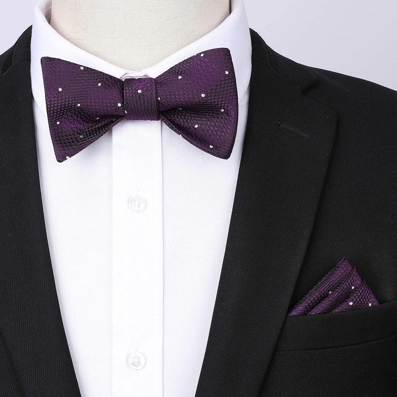Plaid Dot Suspender Bow Tie Handkerchief Purple
