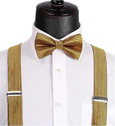 Plaid Suspender Pre Tied Bow Tie Handkerchief B7 Gold