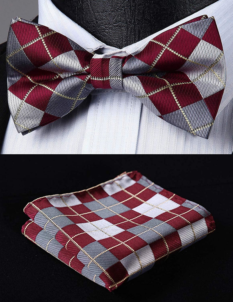 Plaid Suspender Pre Tied Bow Tie Handkerchief B11 Red