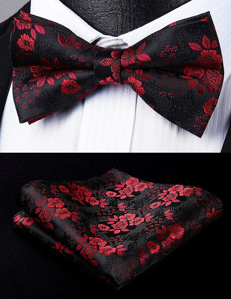Floral Paisley Suspender Pre Tied Bow Tie Handkerchief A4 Red Black