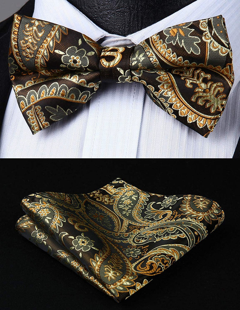 Floral Paisley Suspender Pre Tied Bow Tie Handkerchief B5 Brown Gold