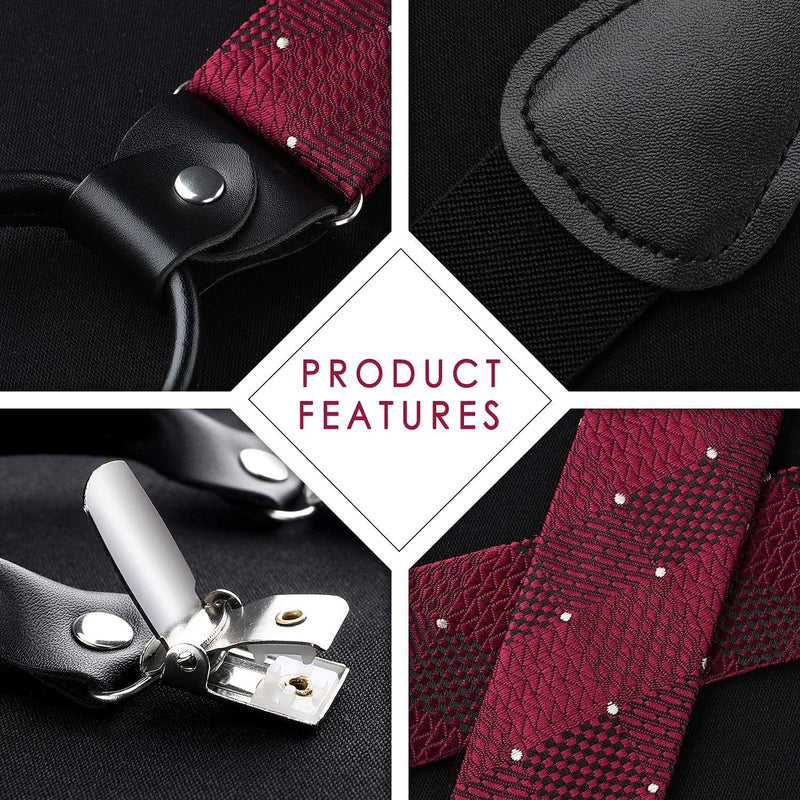 Plaid Suspender Bow Tie Handkerchief 01 Red Burgundy