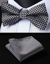 Plaid Suspender Pre Tied Bow Tie Handkerchief D7 Black White
