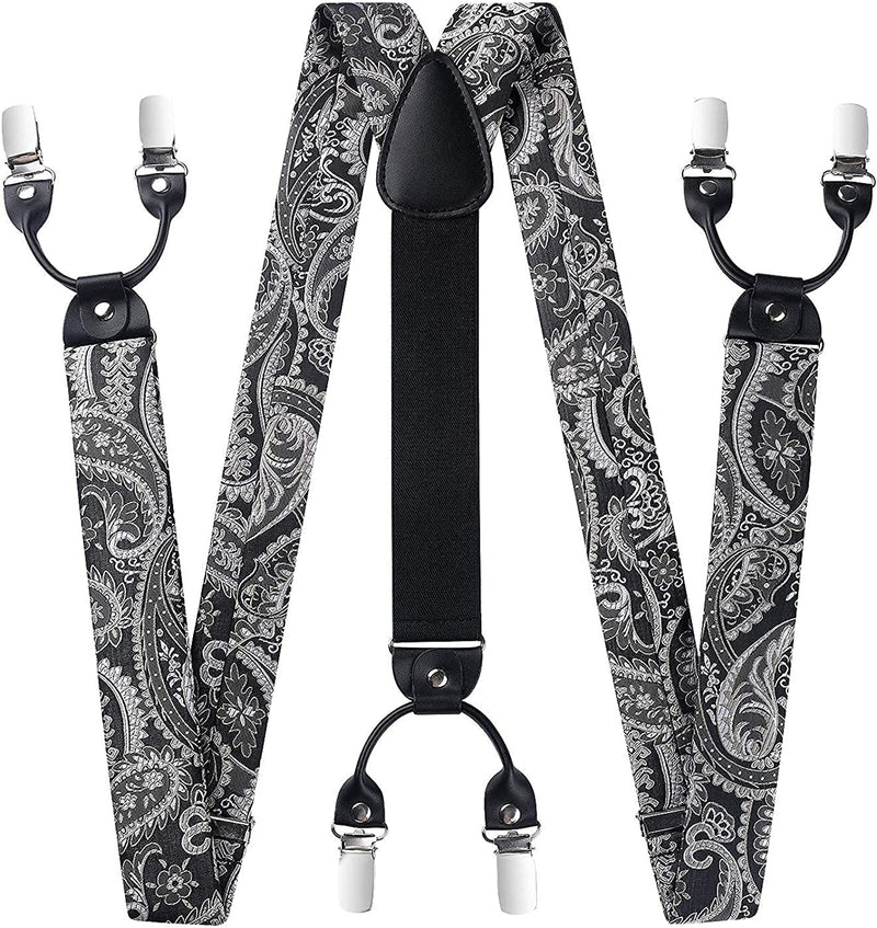 Floral Paisley Suspender Bow Tie Handkerchief Gray Black