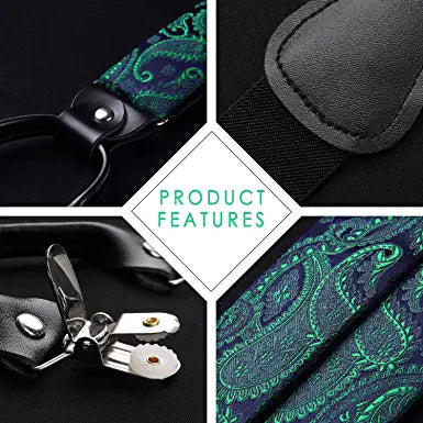 Floral Paisley Suspender Pre Tied Bow Tie Handkerchief 9 Green Navy Blue 02