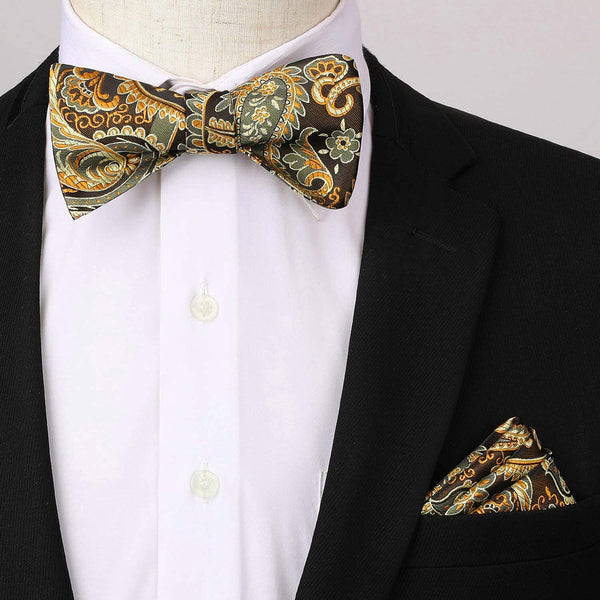 Floral Paisley Suspender Bow Tie Handkerchief 1 Gold Brown