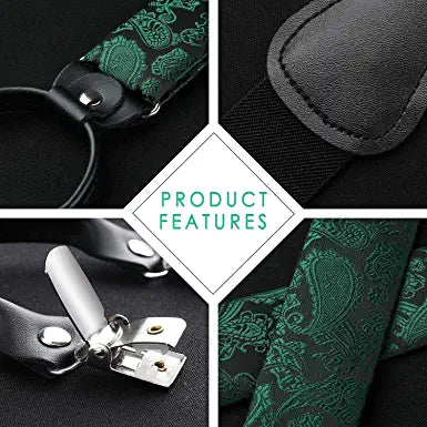 Floral Paisley Suspender Bow Tie Handkerchief 1 Green Black