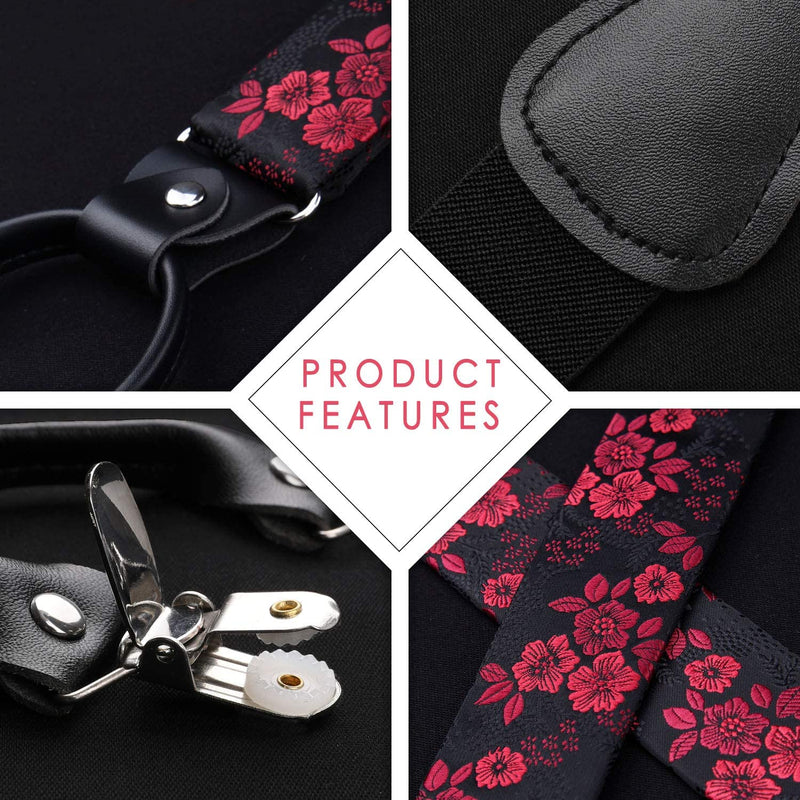 Floral Paisley Suspender Bow Tie Handkerchief 5 Red Black 03