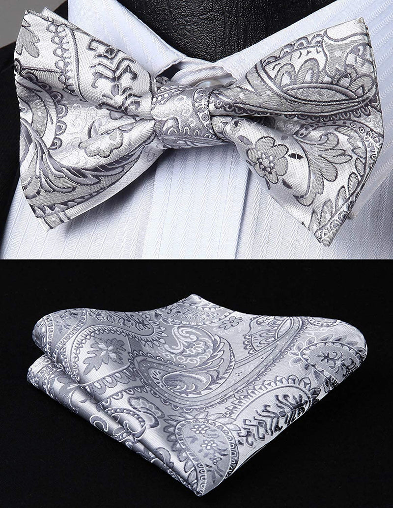 Floral Paisley Suspender Pre Tied Bow Tie Handkerchief B1 Silver Gray