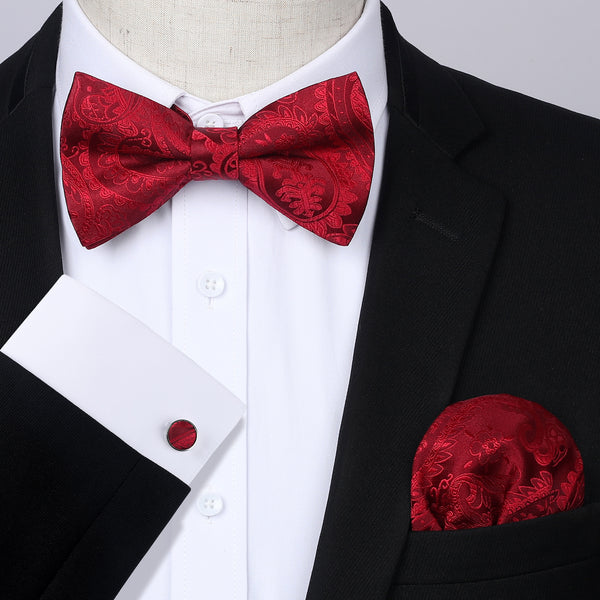 Paisley Pre-Tied Bow Tie & Pocket Square - RED
