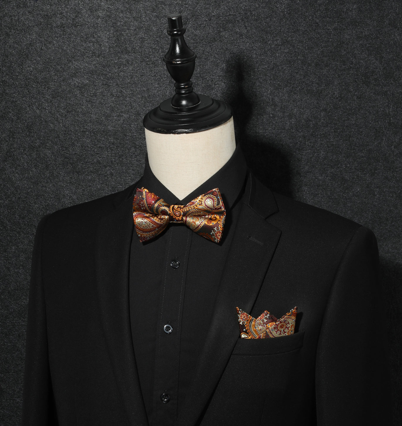 Paisley Pre-Tied Bow Tie & Pocket Square - F-ORANGE 2