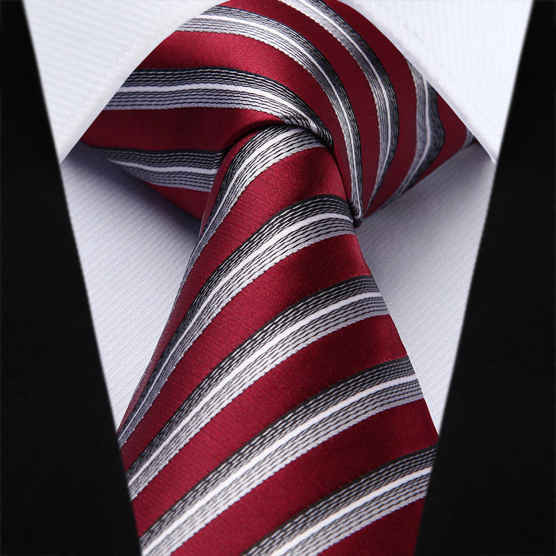 Stripe Tie Handkerchief Set - RED/SILVER