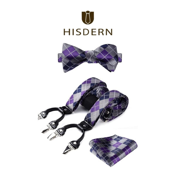 Plaid Suspender Pre Tied Bow Tie Handkerchief Purple Gray