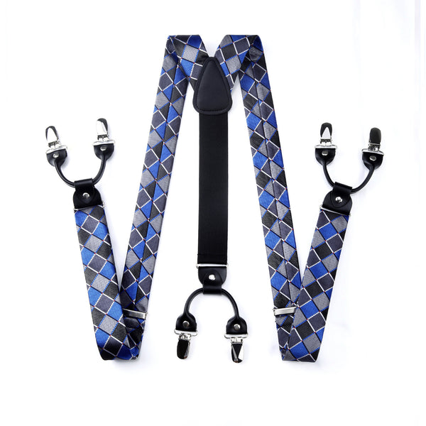 Plaid Suspender Pre Tied Bow Tie Handkerchief B8 Royal Blue Grey
