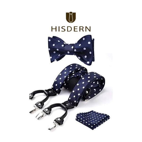 Polka Dot Suspender Bow Tie Handkerchief Navy Blue White Dot