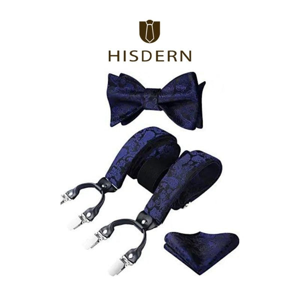 Floral Paisley Suspender Bow Tie Handkerchief Blue Black 02