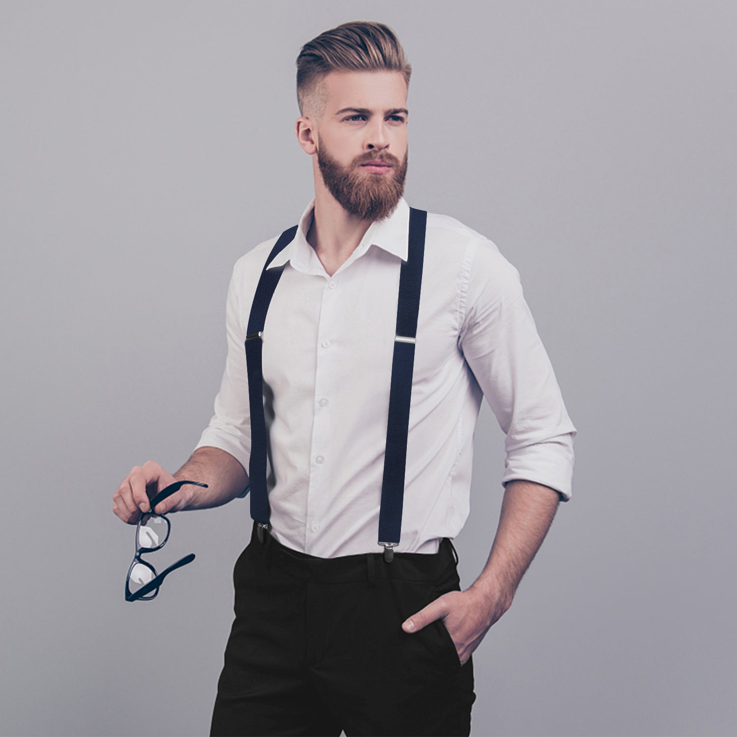 X Shaped Adjustable Suspender With 4 Clips A Navy Blue