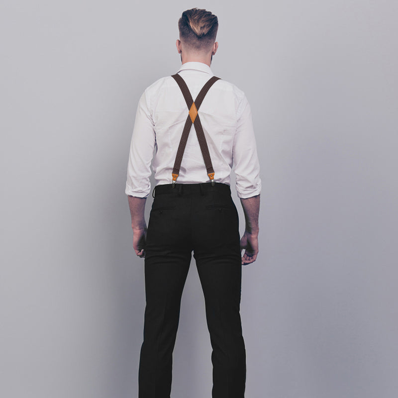 X Shaped Adjustable Suspender With 4 Clips Brown