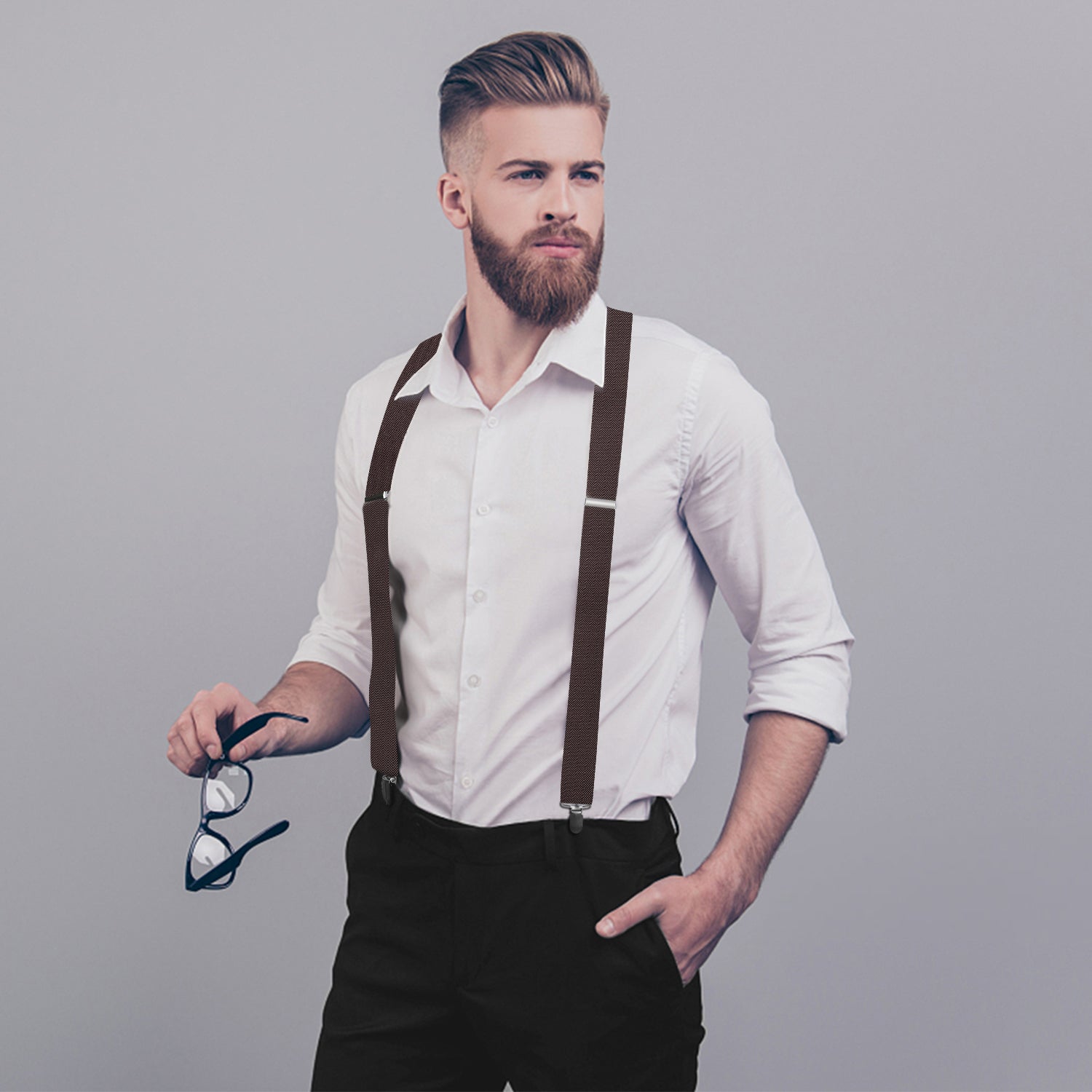 X Shaped Adjustable Suspender With 4 Clips Brown