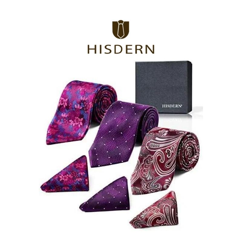 3PCS Extra Long Tie & Pocket Square Set - B-PURPLE/BURGUNDY/PINK