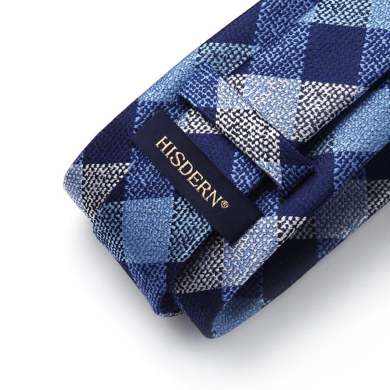Plaid Tie Handkerchief Set - 058-NAVY BLUE/GRAY
