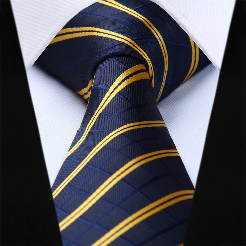 Stripe Tie Handkerchief Set - NAVY BLUE/YELLOW
