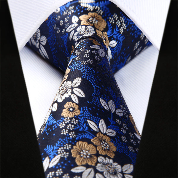 Floral 3.4 Tie Handkerchief Set - 06-NAVY BLUE/BROWN/WHITE