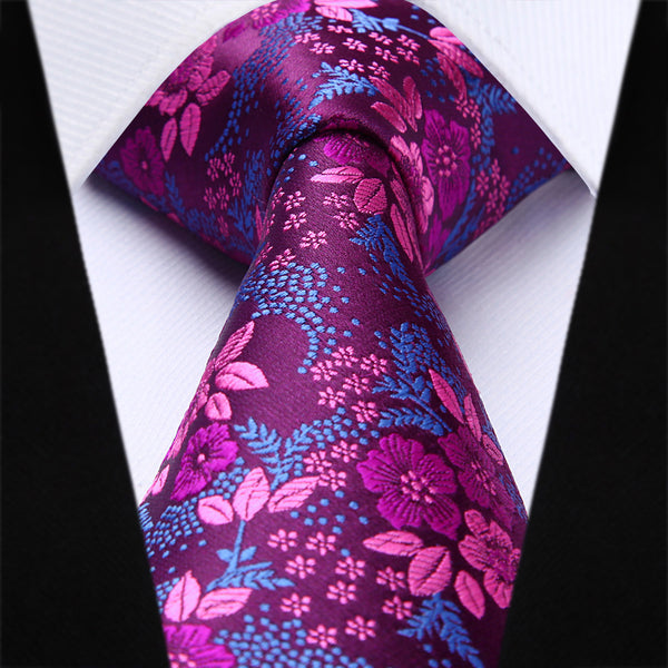 Floral Tie Handkerchief Set - 04-HOT PINK/BLUE