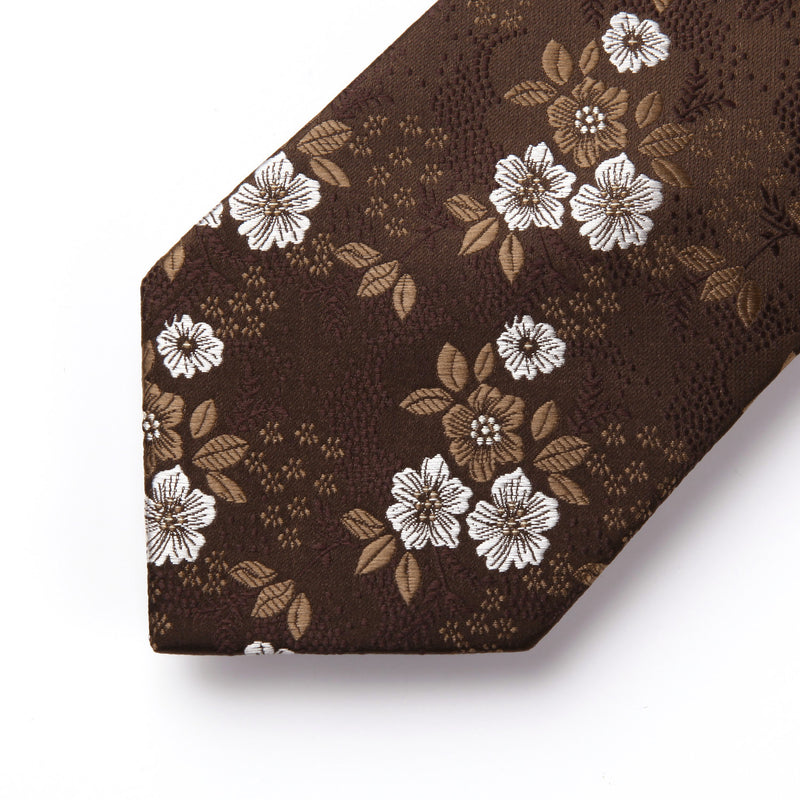 Floral 3.4 inch Tie Handkerchief Set - 11-BROWN/WHITE