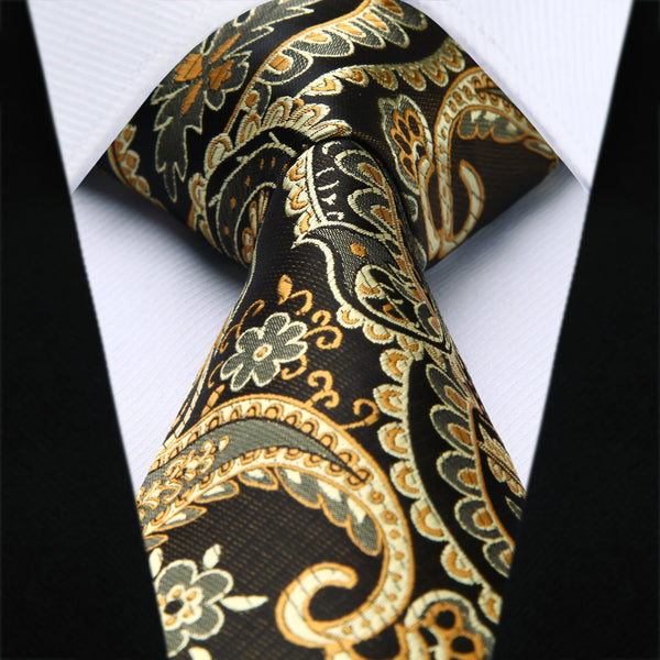 Paisley Floral Tie Handkerchief Set - GOLD/BROWN