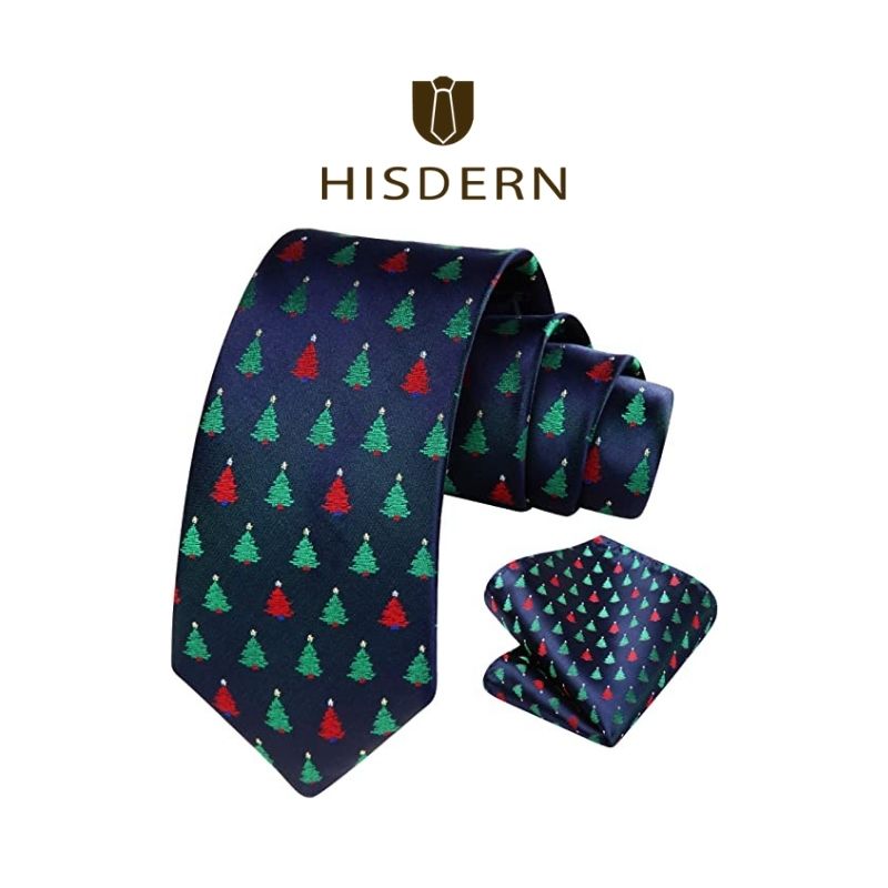 Christmas Tie Handkerchief Set Navy Blue Green Red