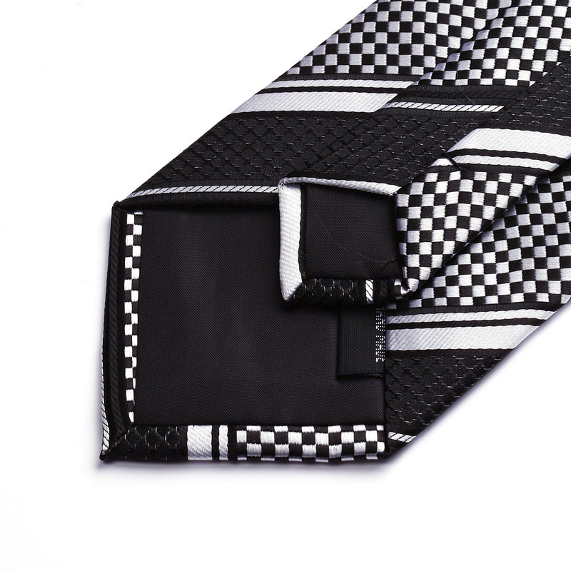 Stripe Tie Handkerchief Set - BLACK/WHITE/SILVER