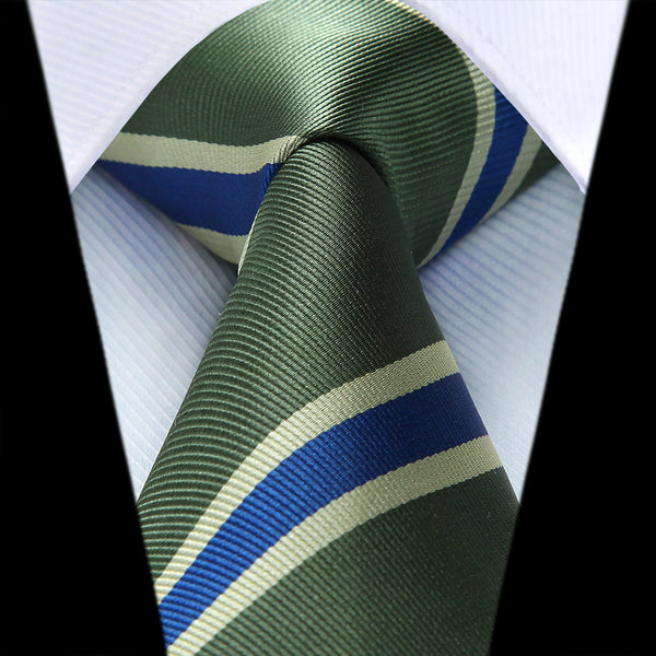 Stripe Tie Handkerchief Set - OLIVE GREEN/BLUE