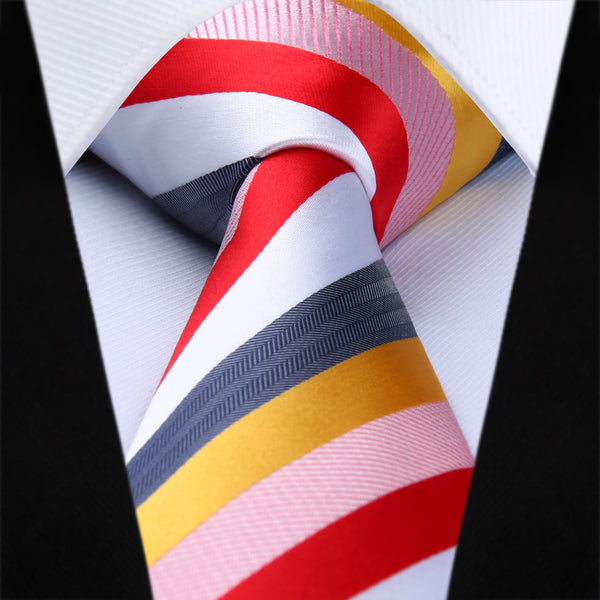 Stripe Tie Handkerchief Set - A-RED/YELLOW/WHITE