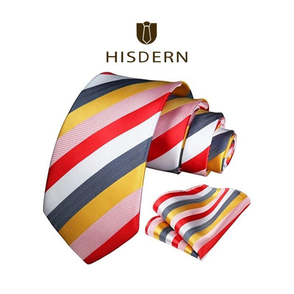 Stripe Tie Handkerchief Set - A-RED/YELLOW/WHITE