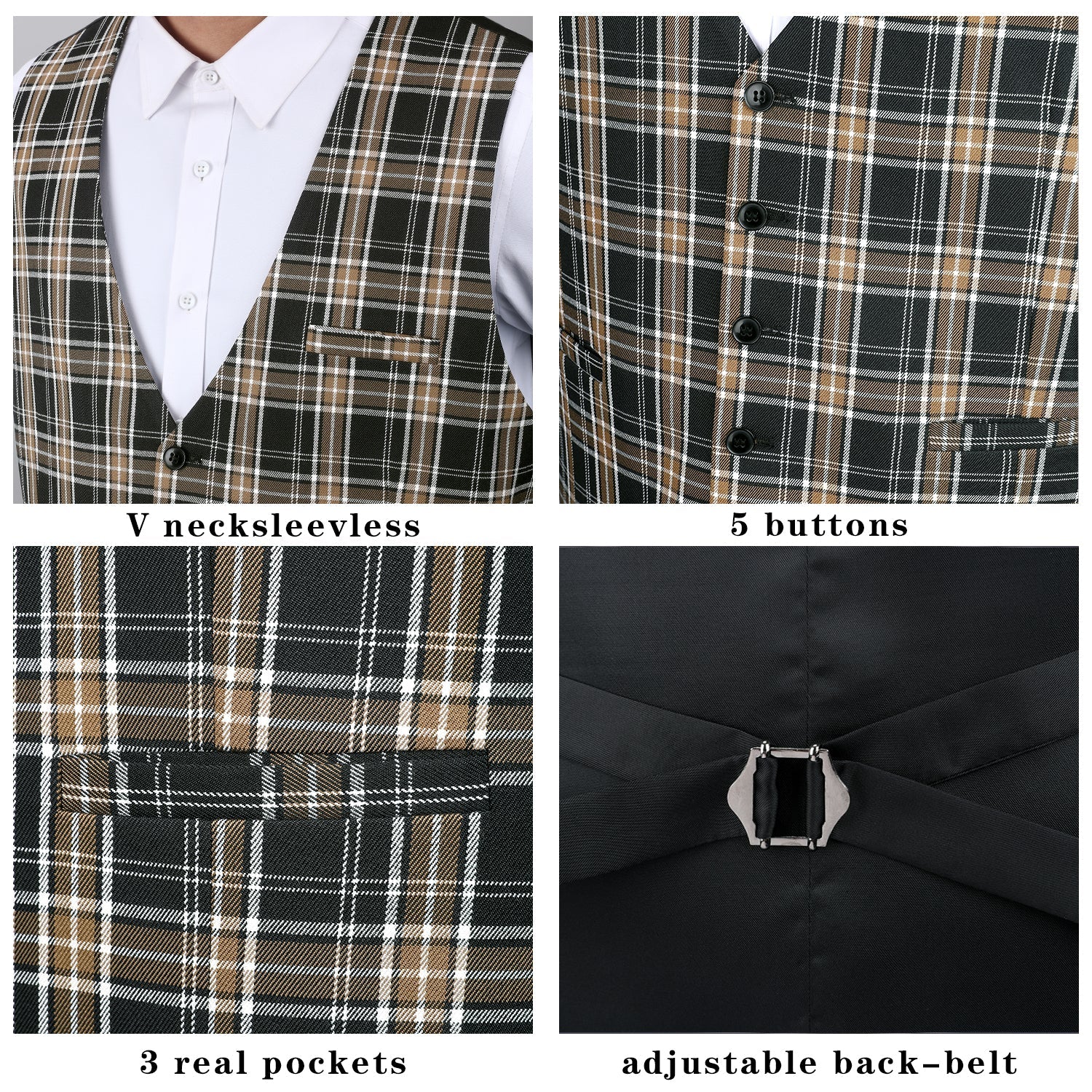 Plaid Slim Vest - B3-BROWN/BLACK
