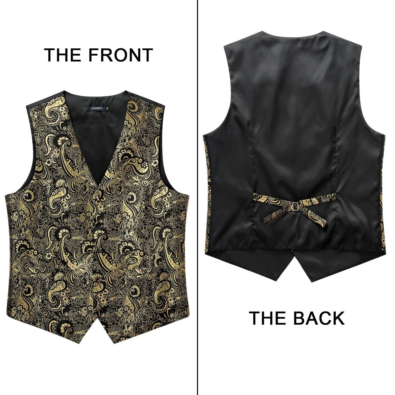 Hisdern Men's Gold Black Paisley Vest Tie Set For Weddings