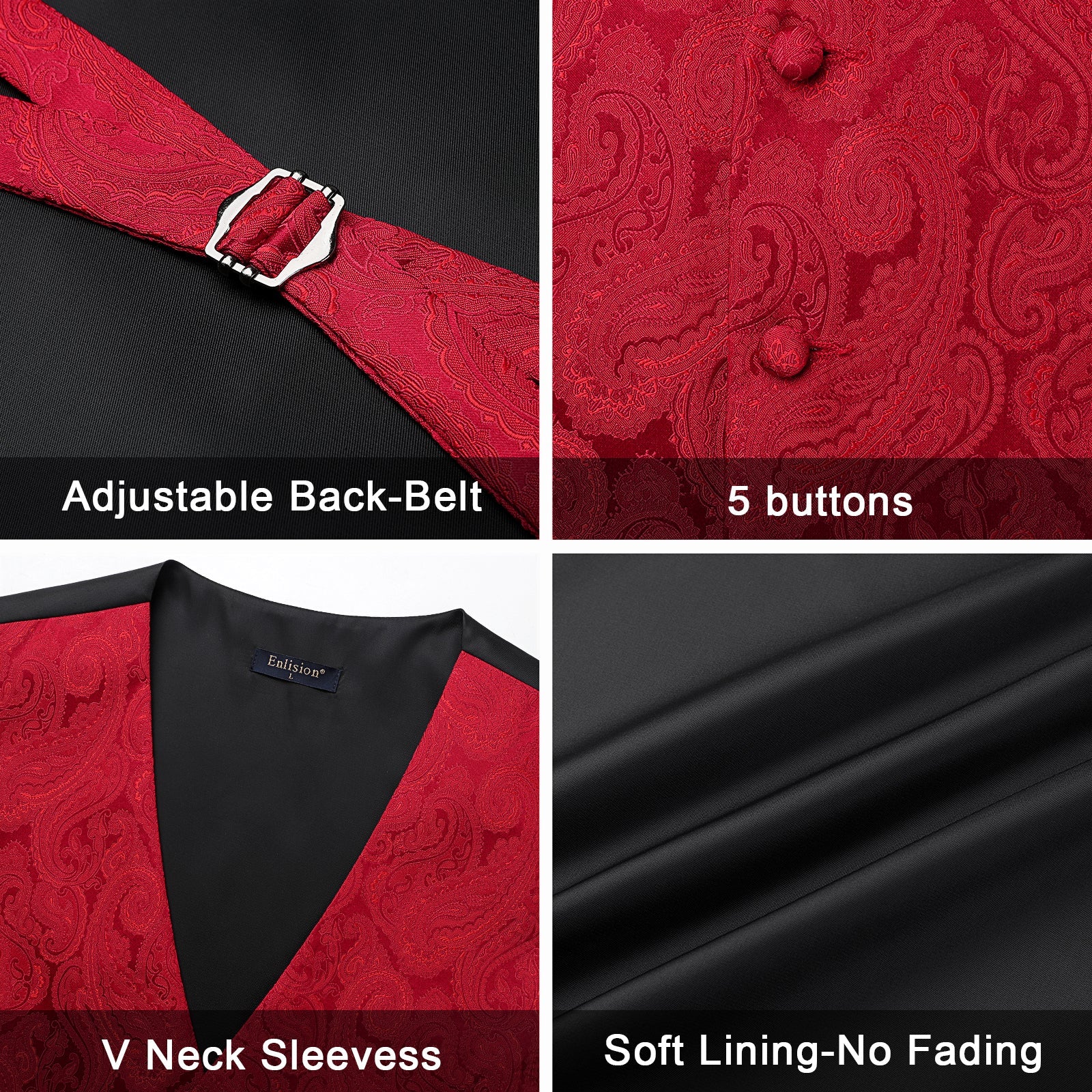 Hisdern Men's Red Paisley Vest Tie Set For Weddings