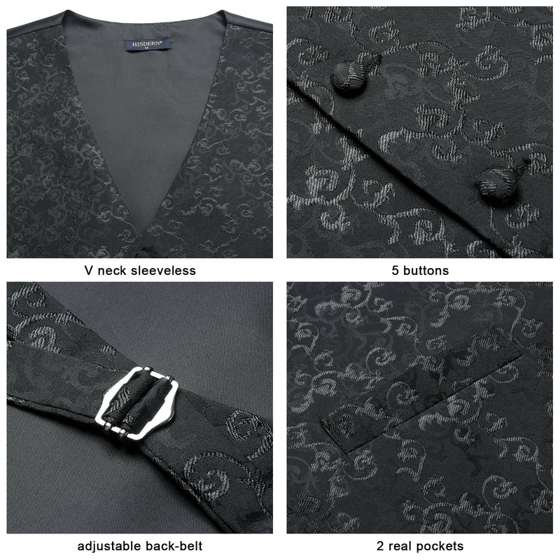 Paisley Floral 3pc Suit Vest Set - B-BLACK FLORAL JACQUARD